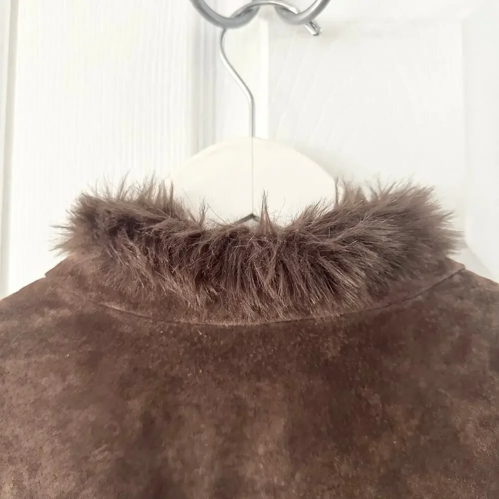 Coldwater Creek Chocolate Brown Suede Fur Trim Zip Trucker Jacket Y2K Vintage L - Picture 9 of 9